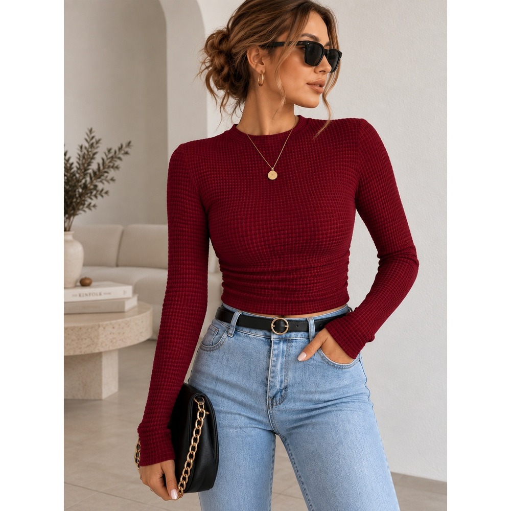 COMMENSE Plain Waffle Slim Long Sleeve Sweater Burgundy Size M US 6 NWT